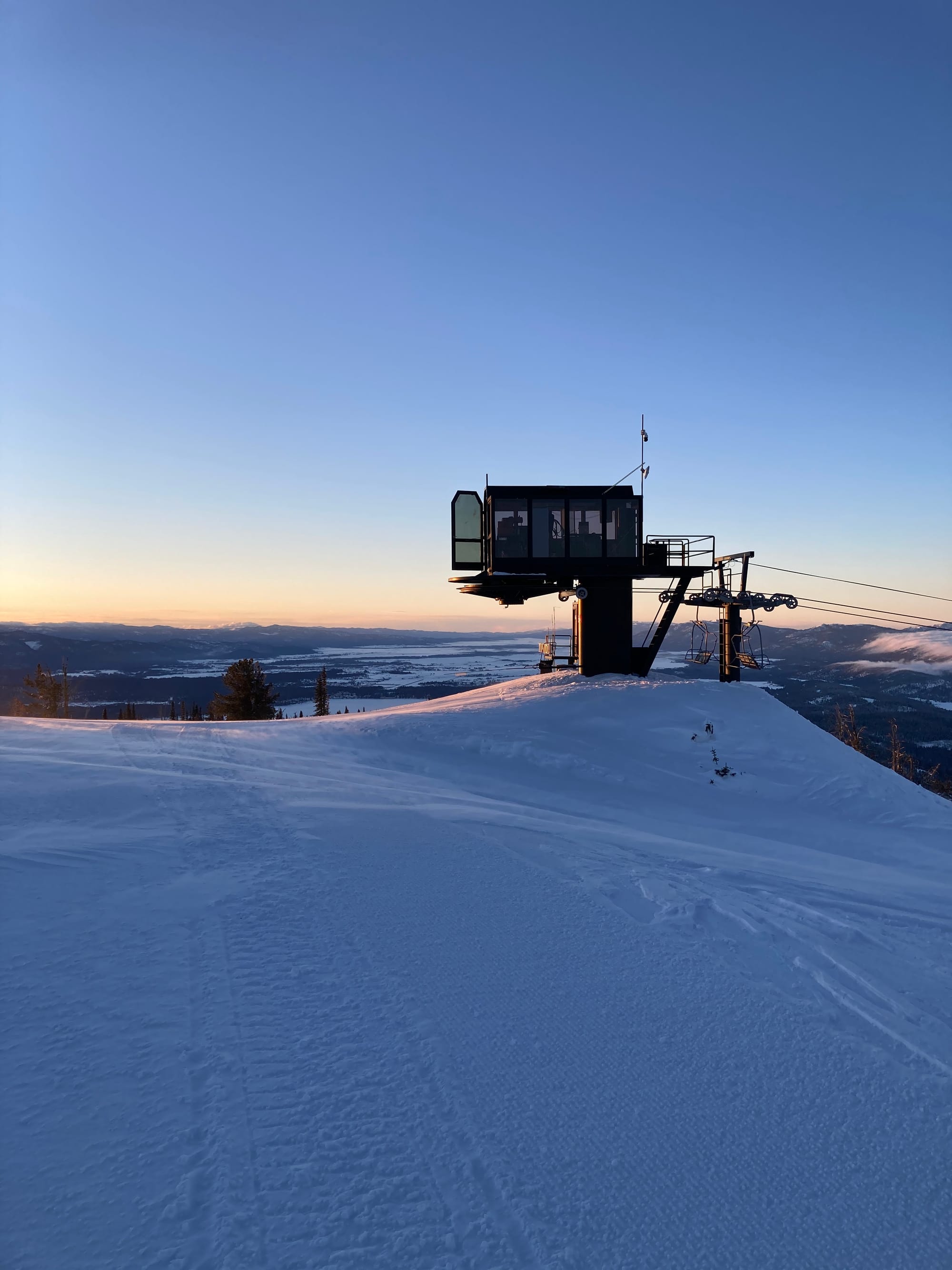 Morning light on ski chair lift. 