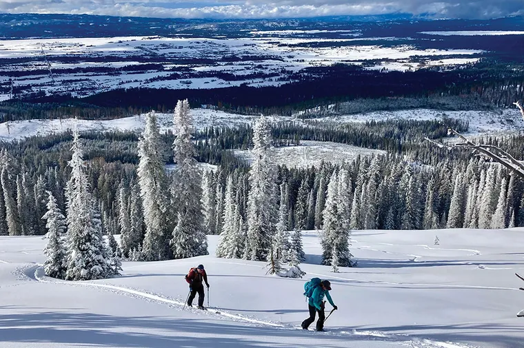 Two backcountry skiers walking uphill at Jug Mountain in McCall, ID.